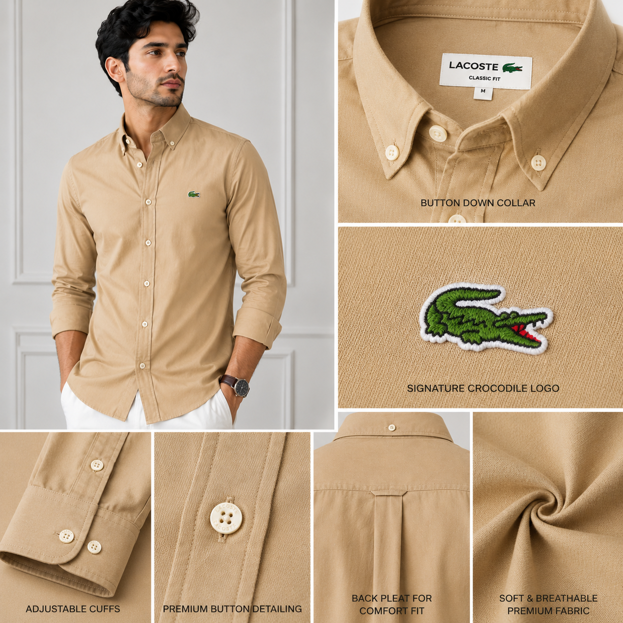 Lac_oste Men’s Beige Classic Fit Button-Down Shirt – Premium Casual Wear