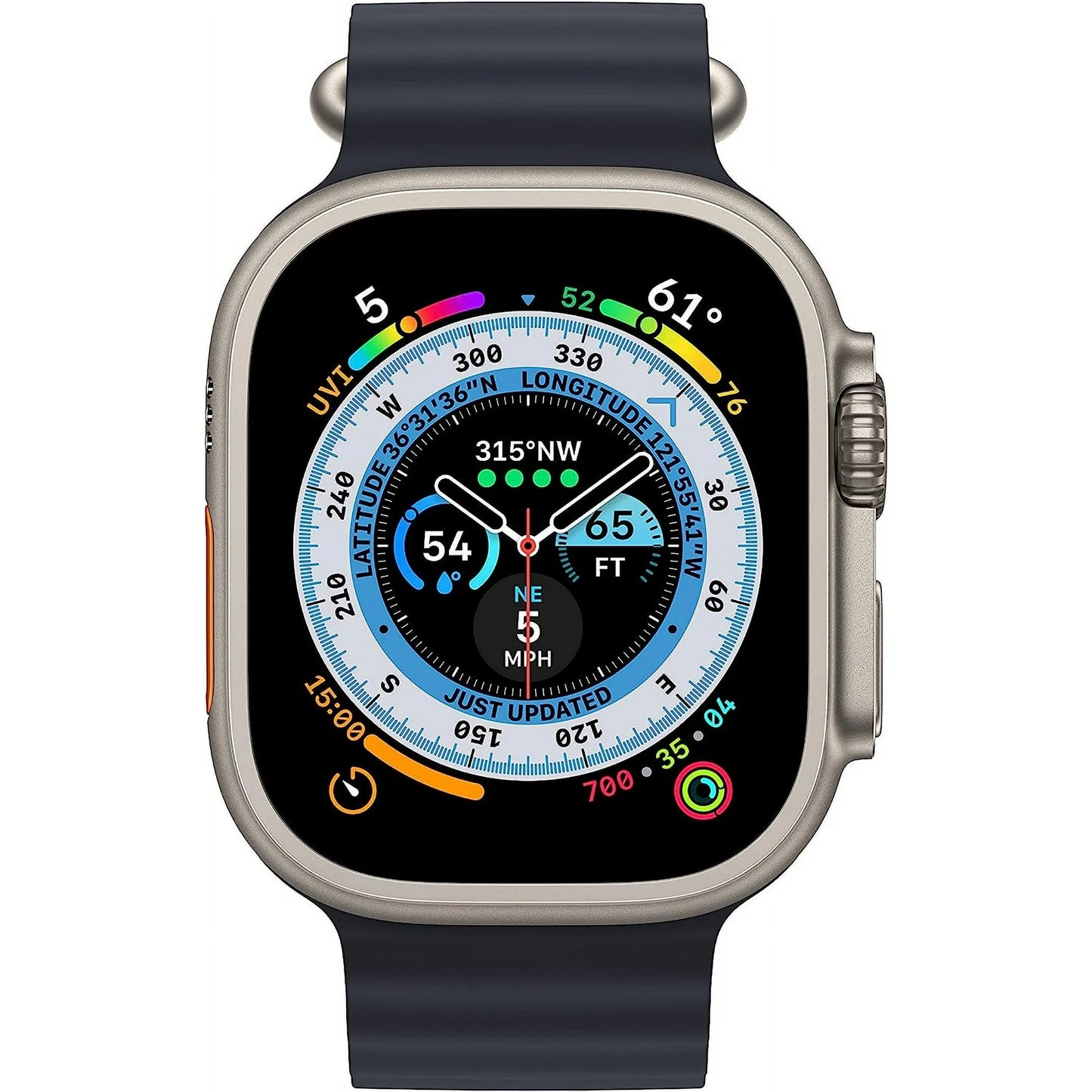 Apple Watch Ultra (GPS + Cellular, 49 mm) Titanium Case with Midnight Ocean Band, Bundle 6 Bonus Bands, Charging Stand, & 2 amp charger