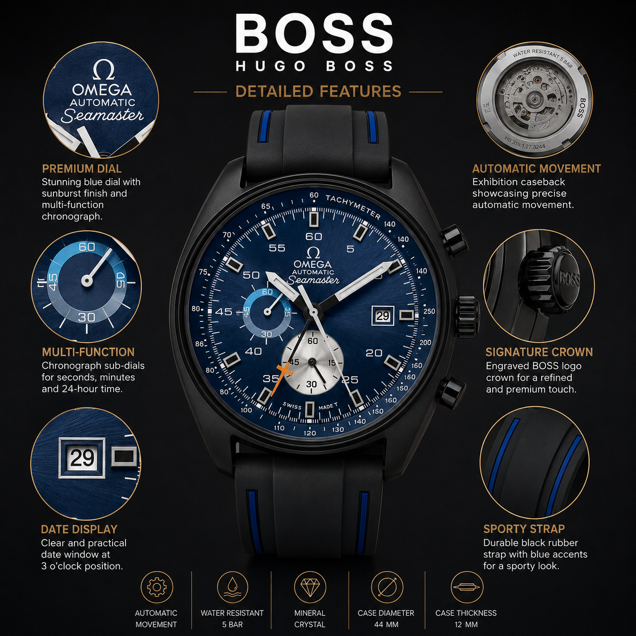 Om_ega Seamaster Automatic Chronograph Men’s Watch – Blue Dial & Black Rubber Strap