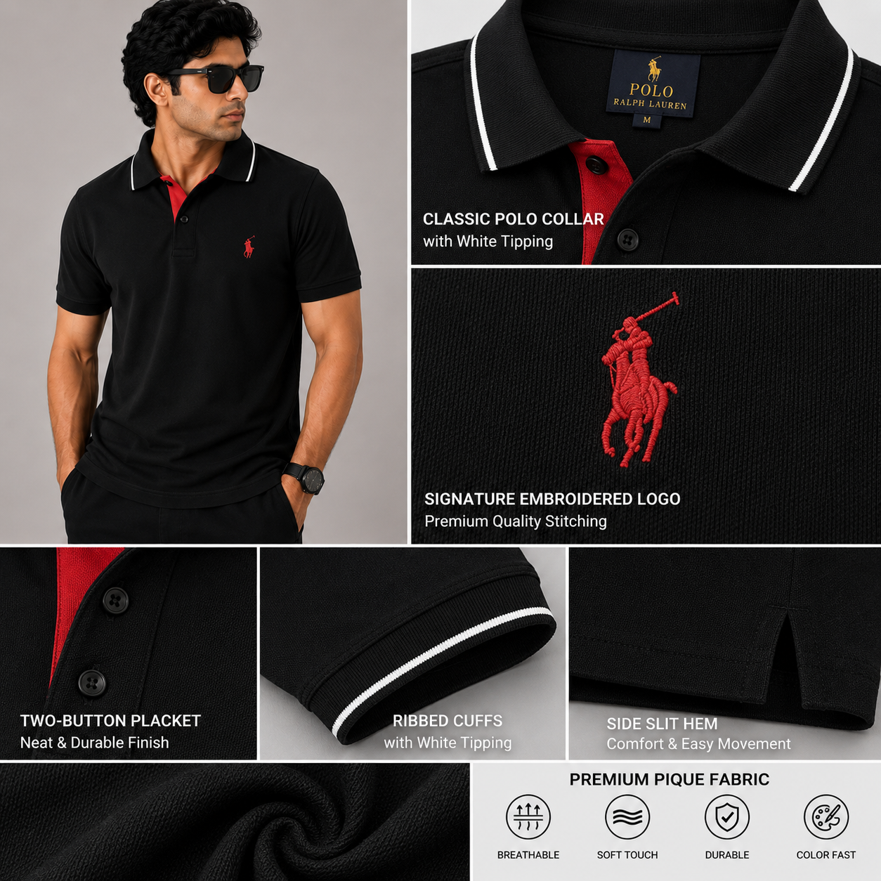 Po_lo Ral_ph Lau_ren Men’s Black Premium Polo T-Shirt – Red Signature Pony Logo & Contrast Collar