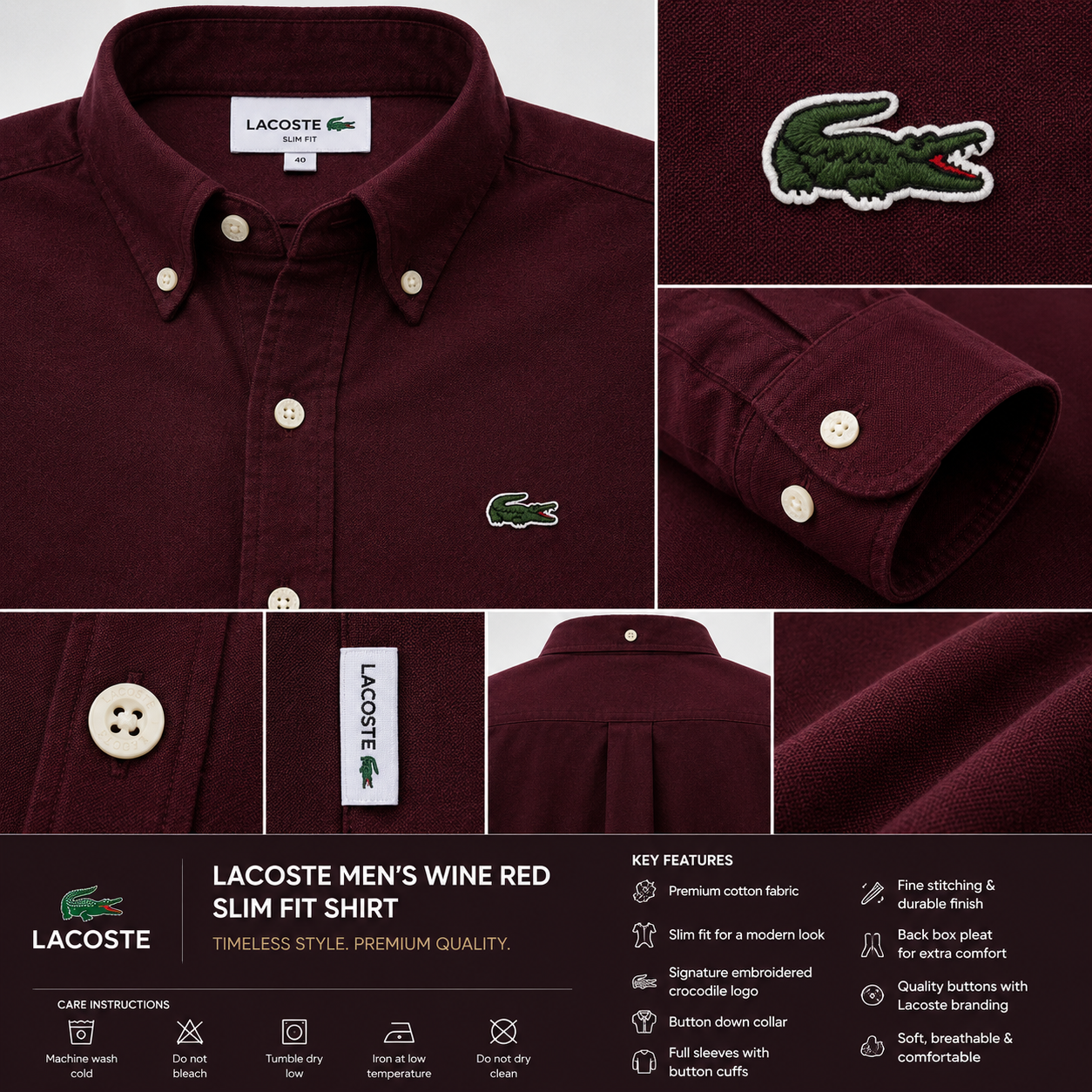 Lac_oste Men’s Wine Red Slim Fit Button-Down Shirt – Signature Crocodile Logo