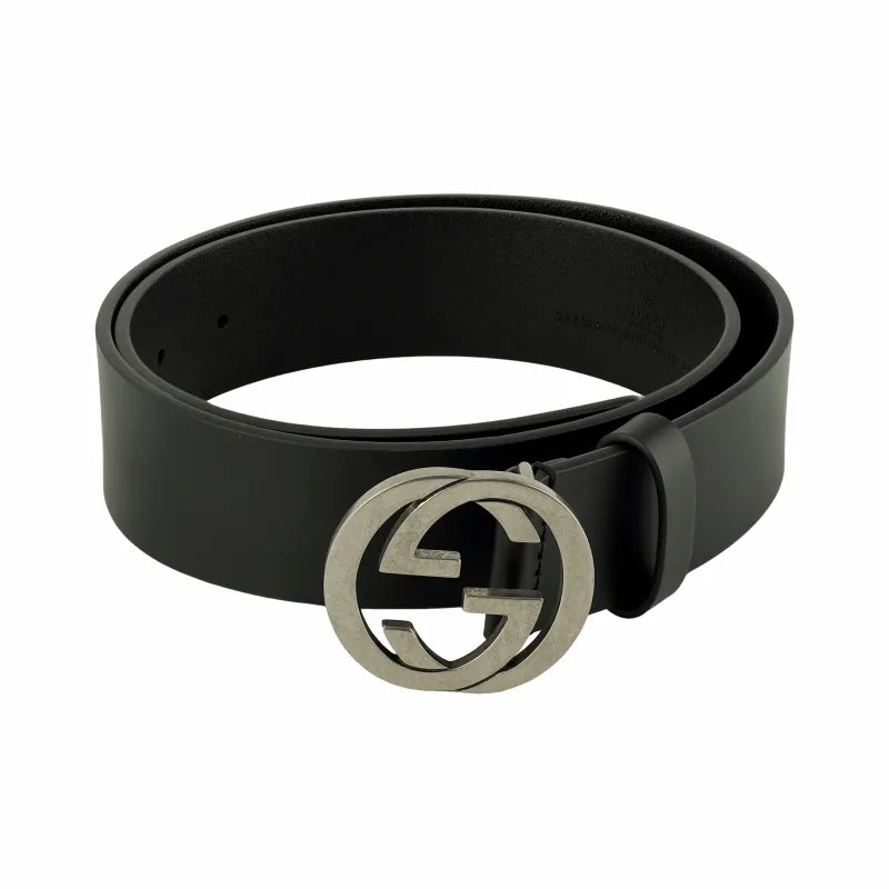 Guci Interlocking G Leather Belt Men's Black 3.8cm Width