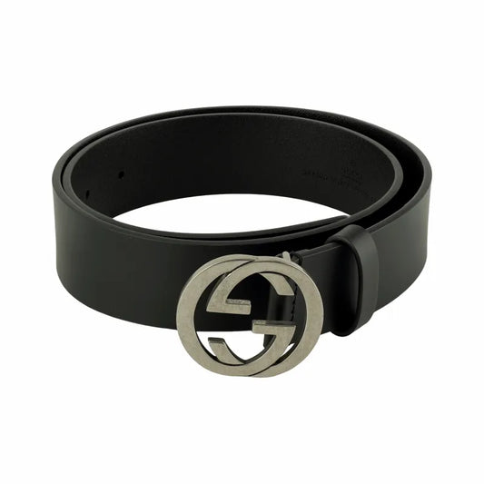 Guci Interlocking G Leather Belt Men's Black 3.8cm Width