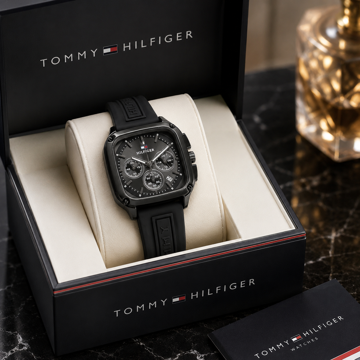 Tom_my Hilfi_ger Men’s Black Chronograph Watch – Square Dial & Premium Silicone Strap