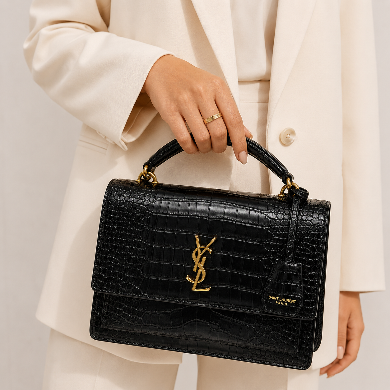 Sa_int Lau_rent Black Crocodile-Texture Top Handle Bag – Luxury Women’s Handbag