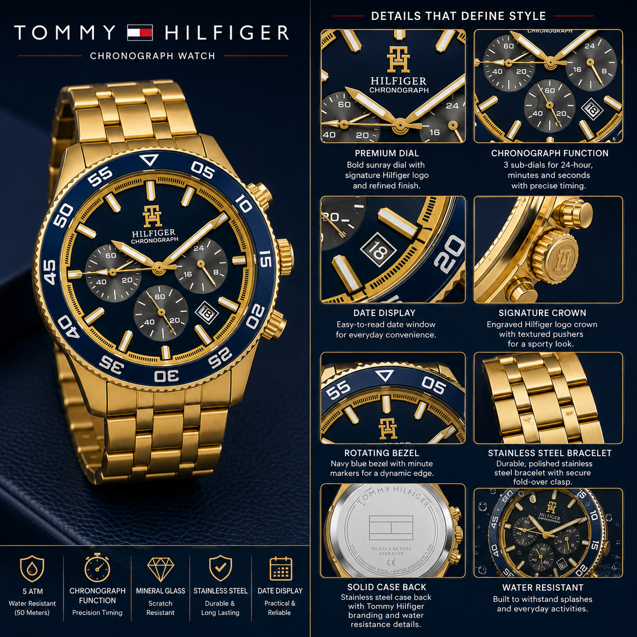 Tom_my Hilf_iger Gold-Tone Blue Dial Chronograph Men’s Watch