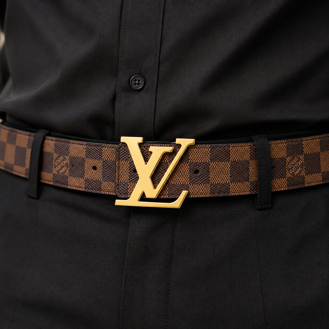 Lo_uis Vuit_ton Damier Ebene Brown Belt with Gold L_V Buckle – Luxury Men’s Designer Belt