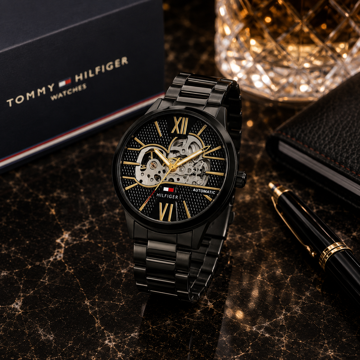 Tom_my Hilfi_ger Men’s Automatic Skeleton Watch – Black Stainless Steel & Gold-Tone Dial