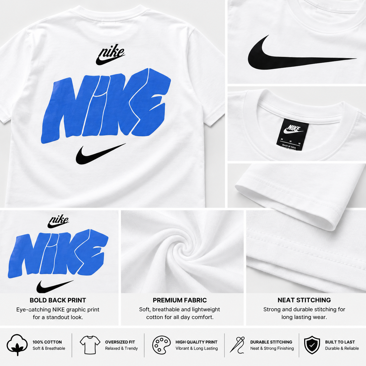 Ni_ke Men’s White Oversized Graphic T-Shirt – Blue Back Print Streetwear Tee