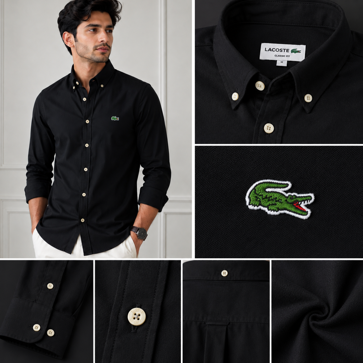 Lac_oste Men’s Black Classic Fit Button-Down Shirt – Premium Casual Wear