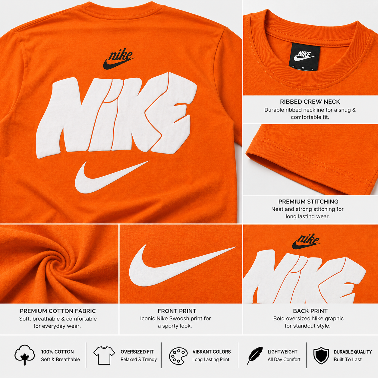 Ni_ke Men’s Orange Oversized Graphic T-Shirt – Bold Swoosh Casual Streetwear Tee