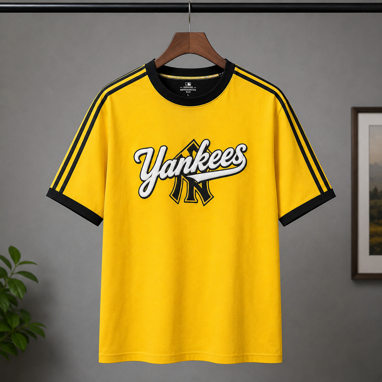N_ew Yo_rk Yan_kees Inspired Men's Premium Yellow Oversized Cotton T-Shirt with Contrast Stripe
