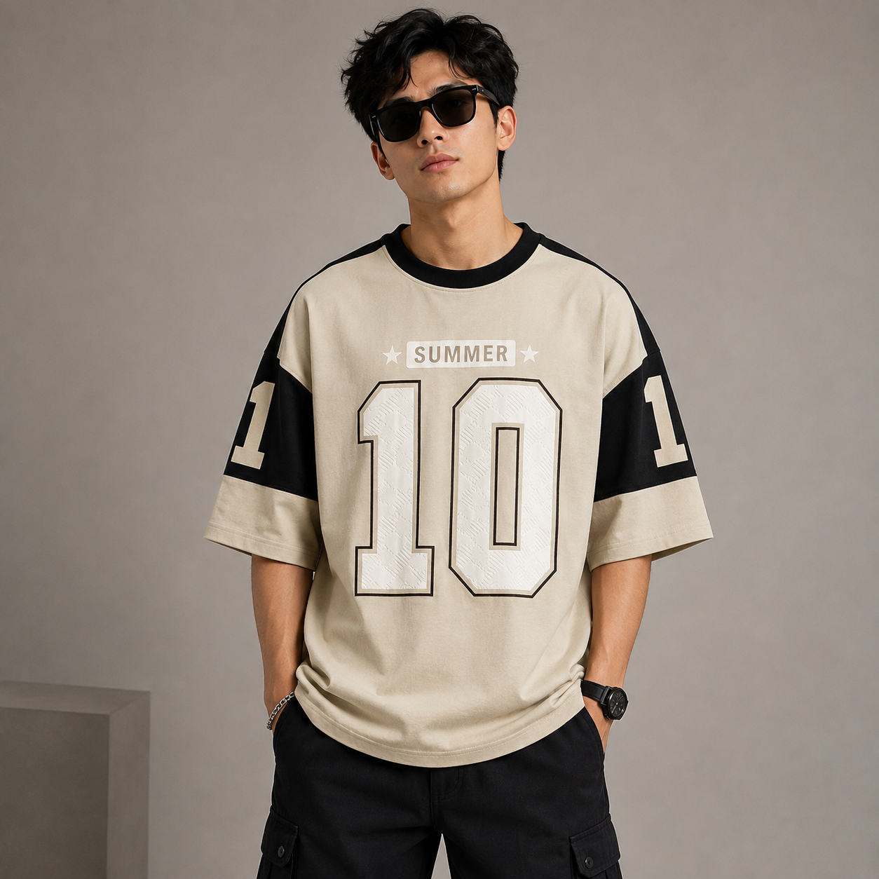 Adi_das Men's Oversized Beige Graphic Printed T-Shirt | Premium Cotton Drop Shoulder Casual Streetwear Tee