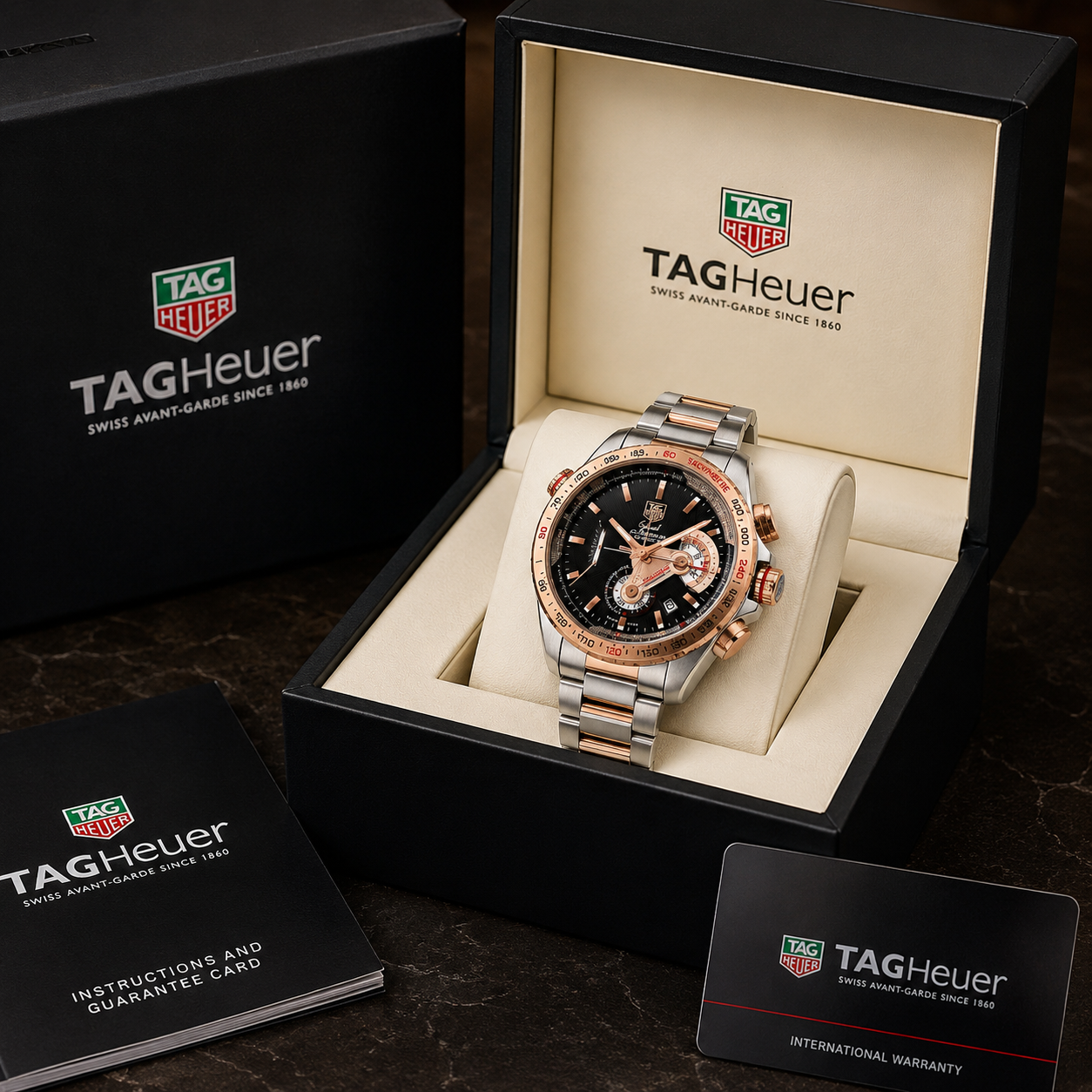 T_AG Heu_er Grand Carrera Calibre 36 Two-Tone Black Dial Chronograph Watch