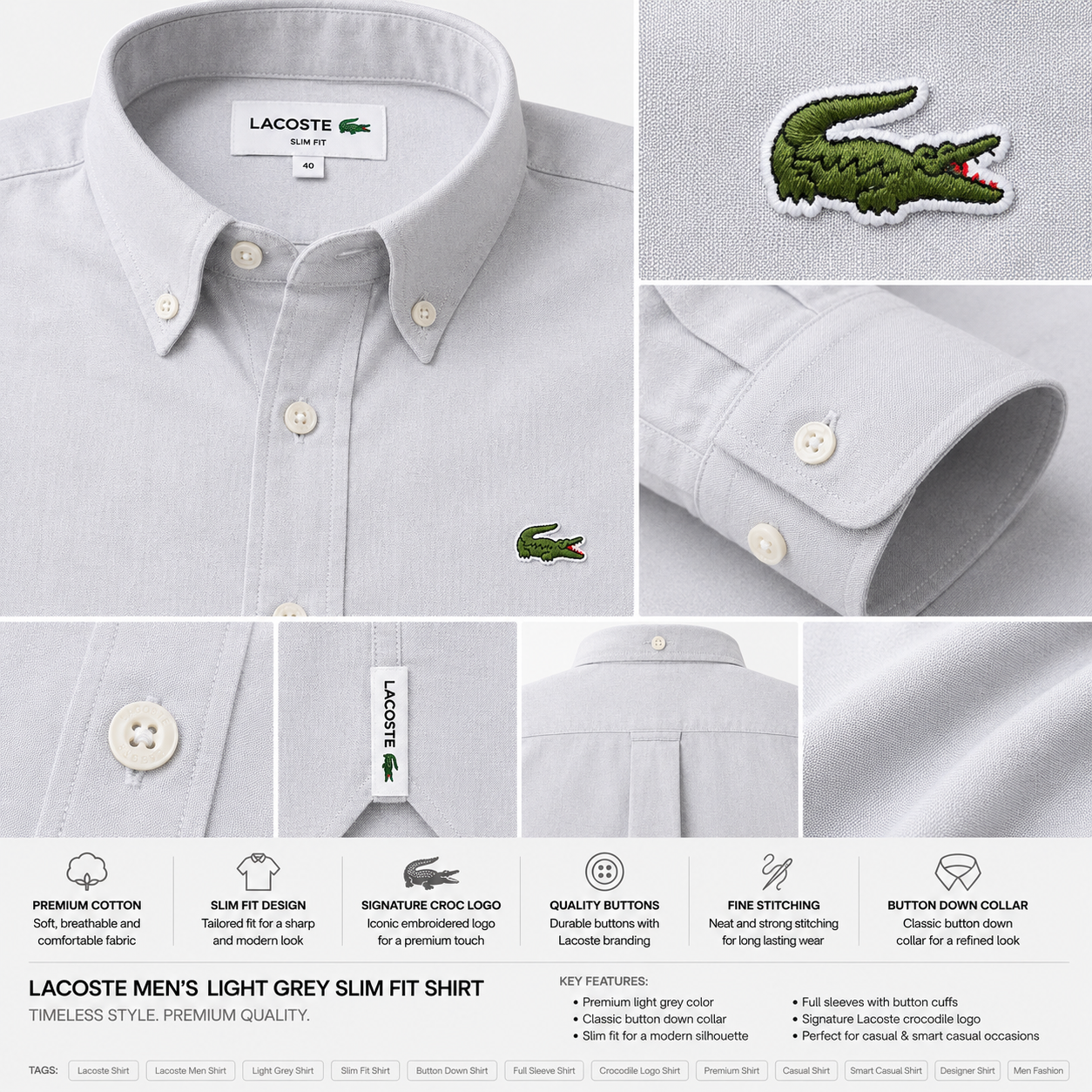 Lac_oste Men’s Light Grey Slim Fit Button-Down Shirt – Signature Crocodile Logo