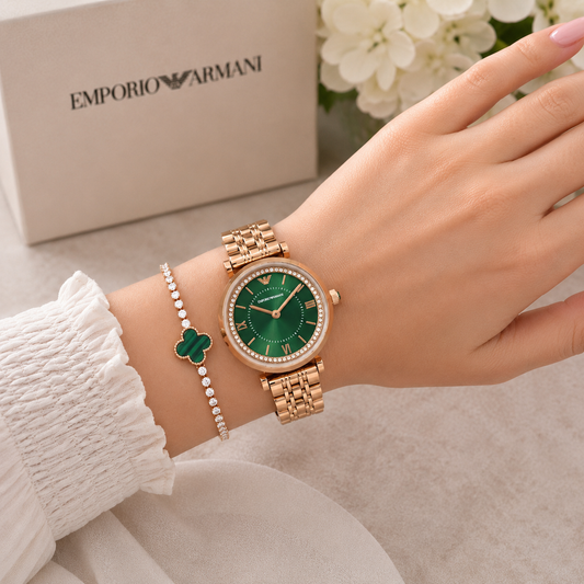 Emp_orio Arm_ani Rose Gold Green Dial Crystal Ladies Watch
