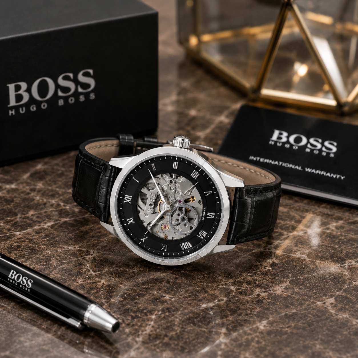 Hu_go Bo_ss Skeleton Automatic Black Leather Strap Watch