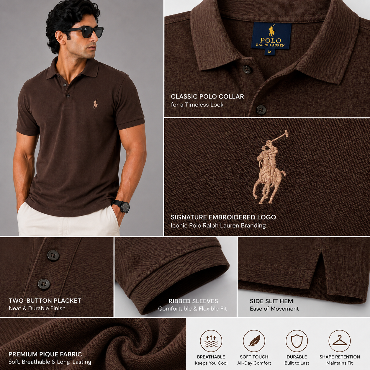 Po_lo Ral_ph Lau_ren Men’s Dark Brown Premium Polo T-Shirt – Signature Pony Logo Classic Fit