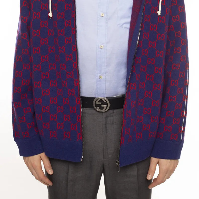 Guci Interlocking G Leather Belt Men's Black 3.8cm Width