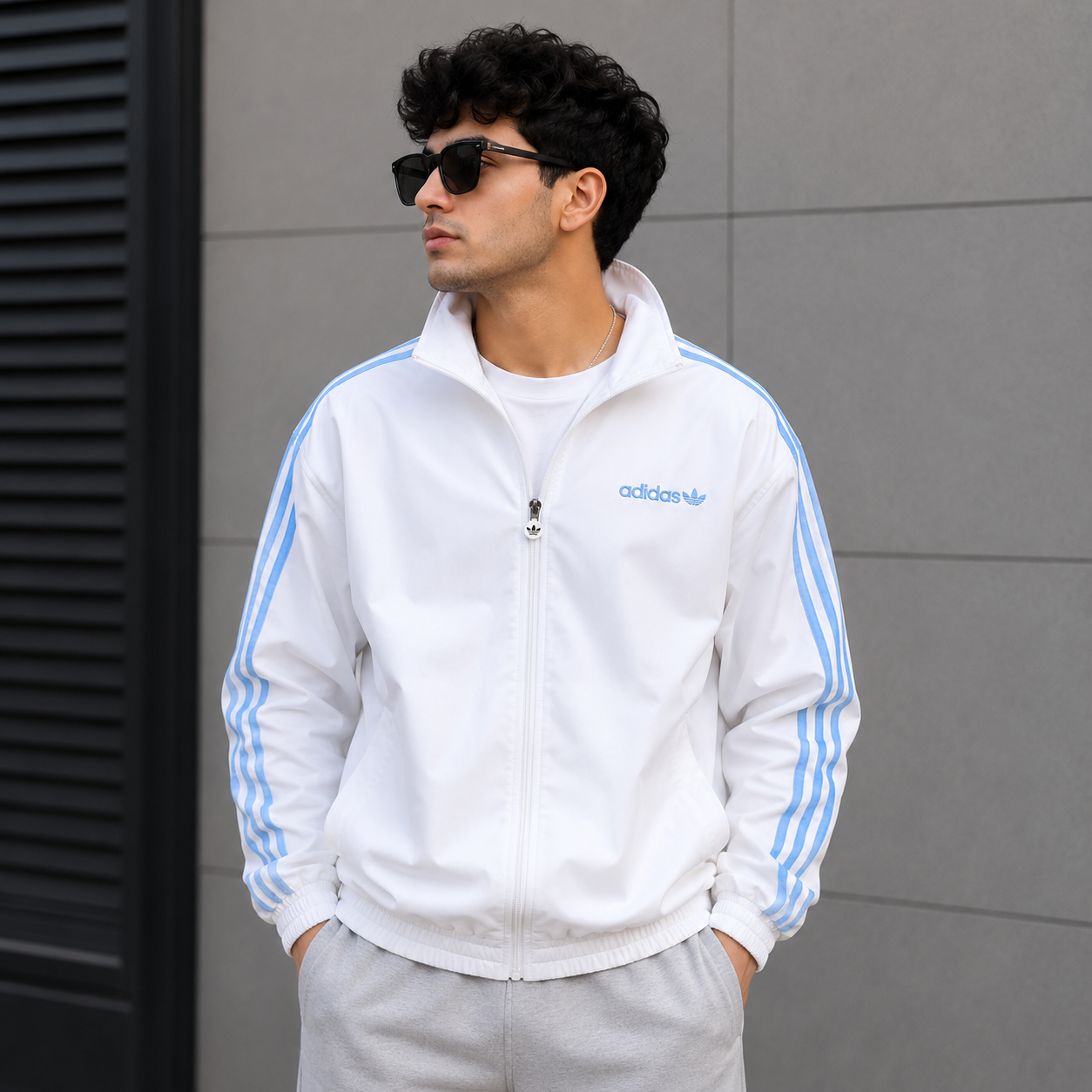 Adi_das Men’s White & Sky Blue 3-Stripe Track Jacket – Premium Zip-Up Sportswear