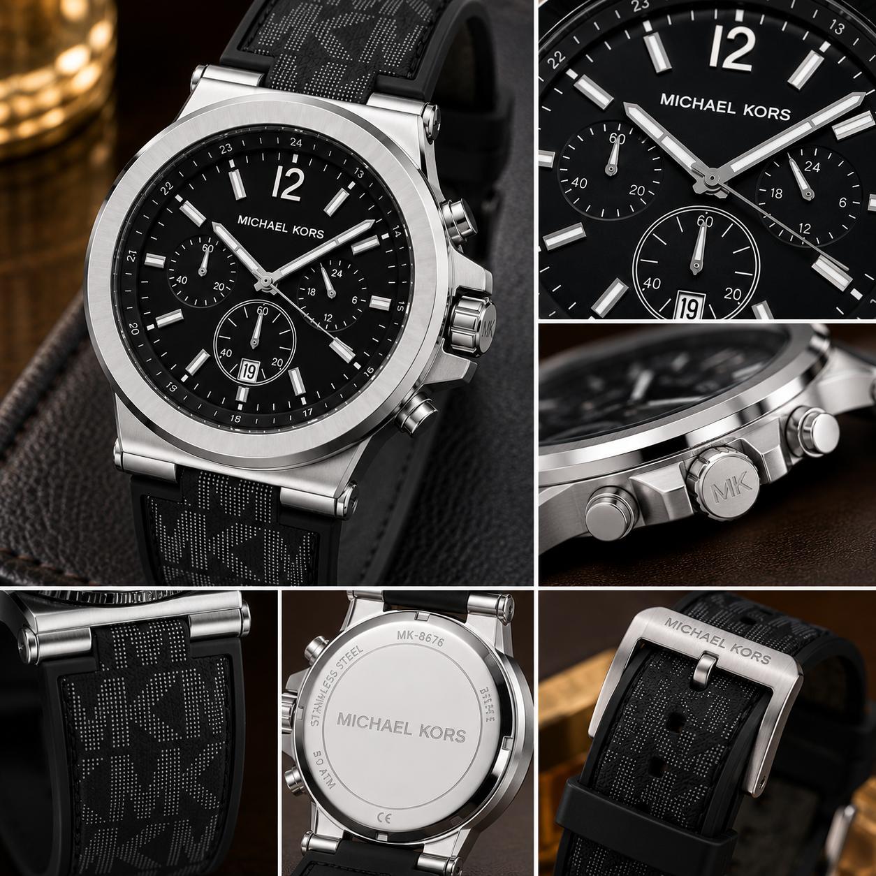 Mic_hael Ko_rs Black Dial Chronograph Men’s Watch – Silver Case & MK Pattern Strap