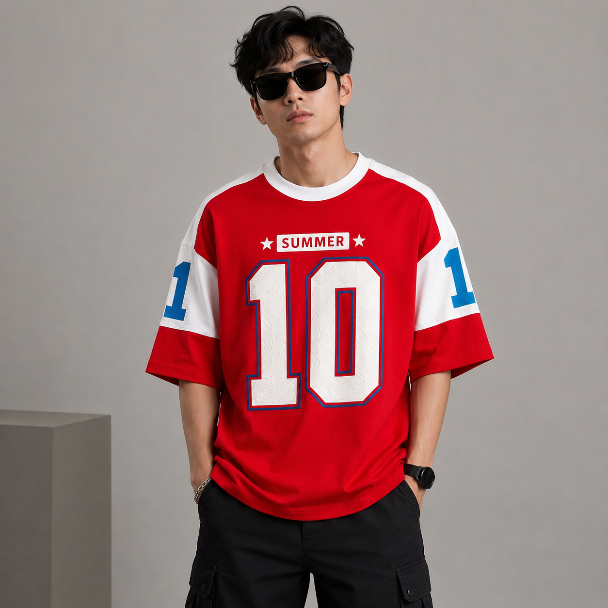Adi_das Men's Oversized Red Graphic Printed T-Shirt | Premium Cotton Drop Shoulder Streetwear Tee