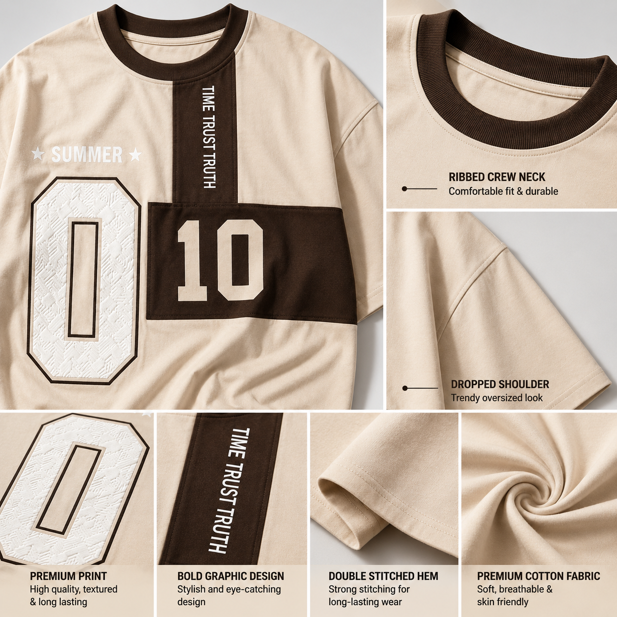 Adi_das Men's Oversized Cream Graphic Printed T-Shirt | Premium Cotton Drop Shoulder Streetwear Tee