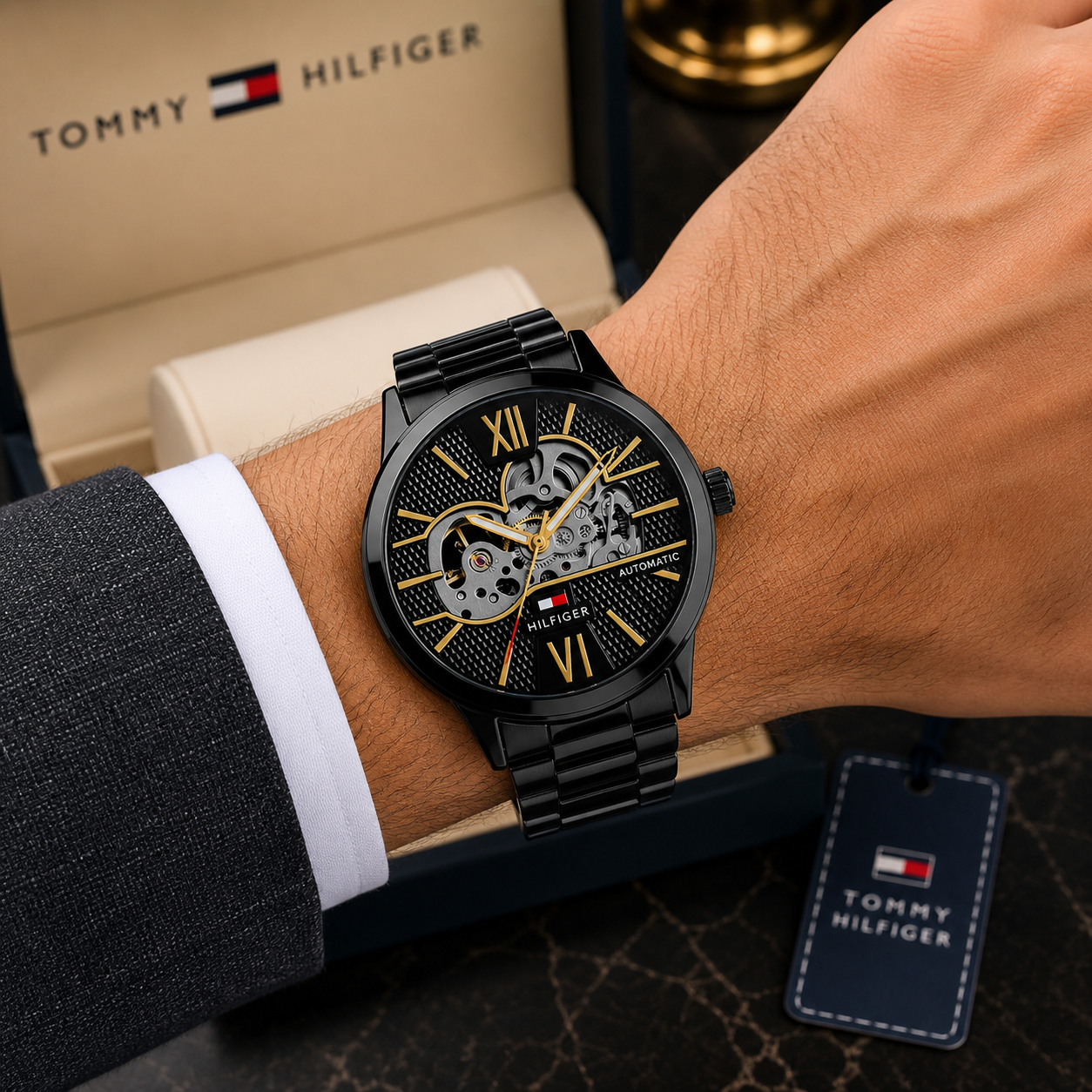 Tom_my Hilfi_ger Black & Gold Skeleton Automatic Men’s Watch