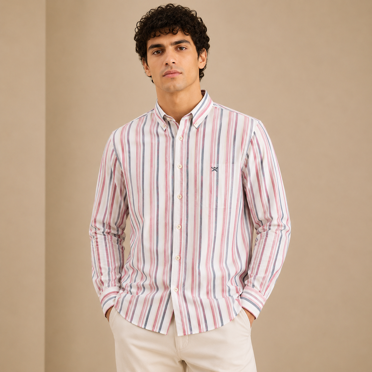 HAC_KETT London Men’s Premium Pink, Grey & White Striped Full Sleeve Shirt – Smart Casual Fit