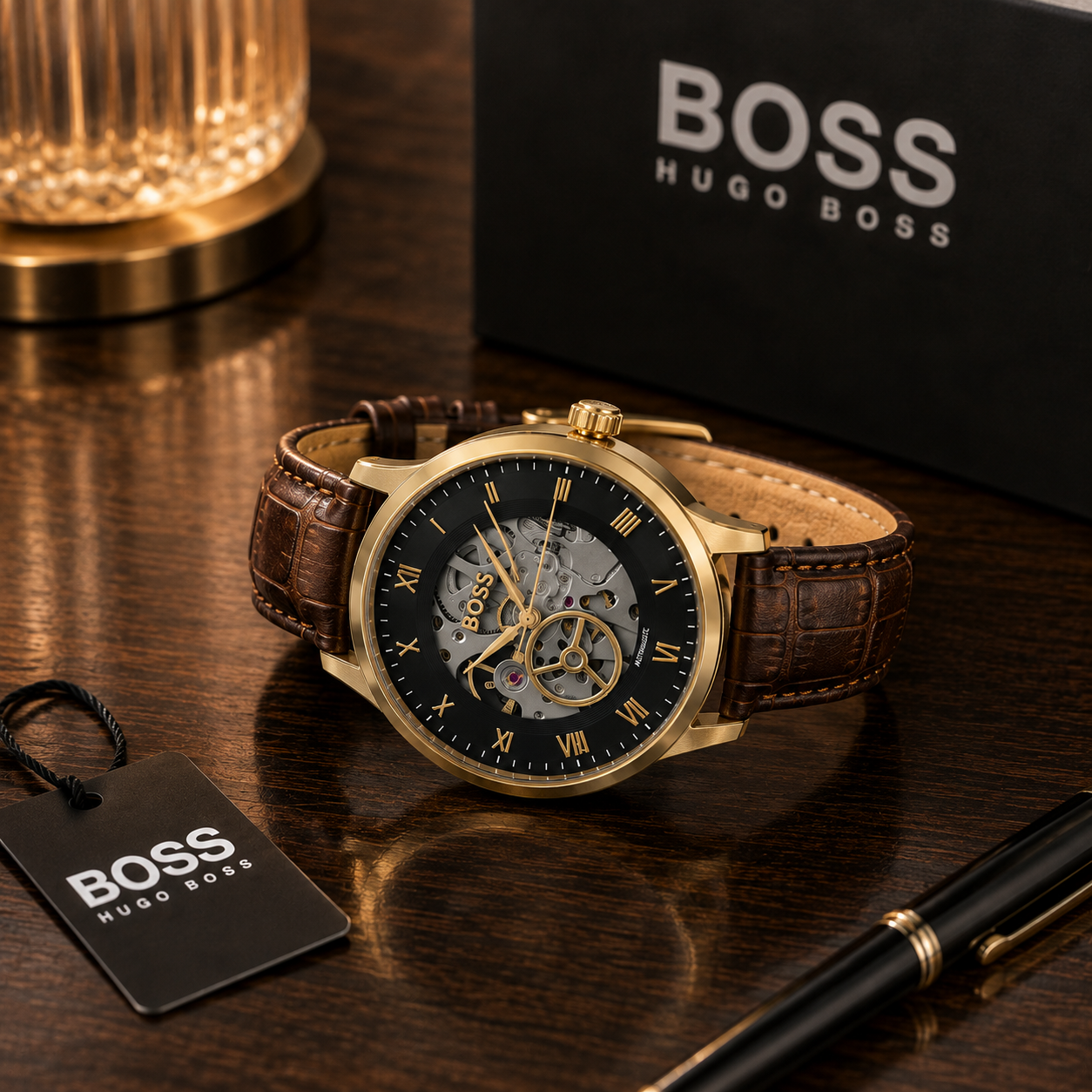 BO_SS Hugo Boss Gold Automatic Skeleton Men’s Watch – Brown Leather Strap