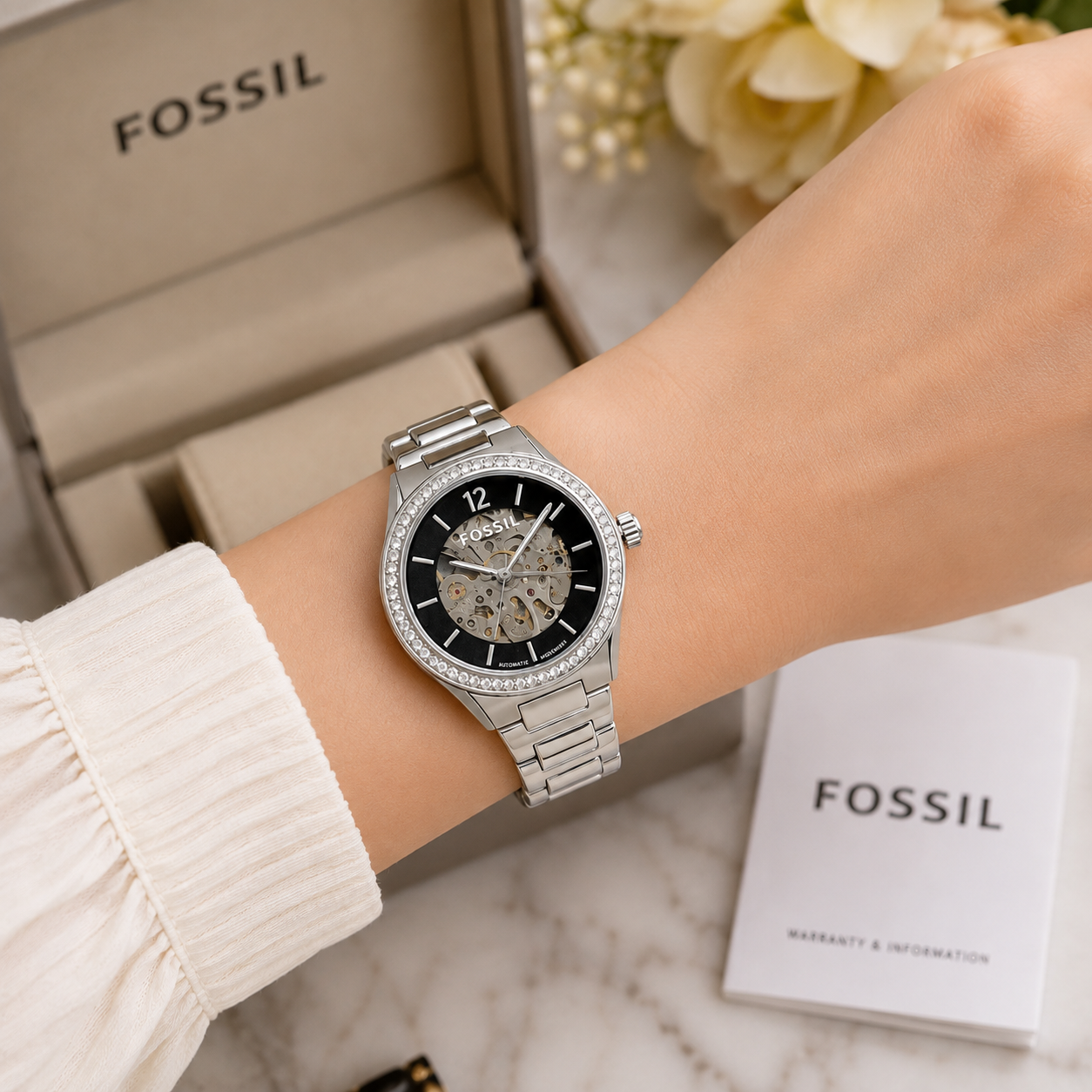 Fo_ssil BQ3781 Women’s Automatic Skeleton Watch – Crystal Bezel & Silver Bracelet