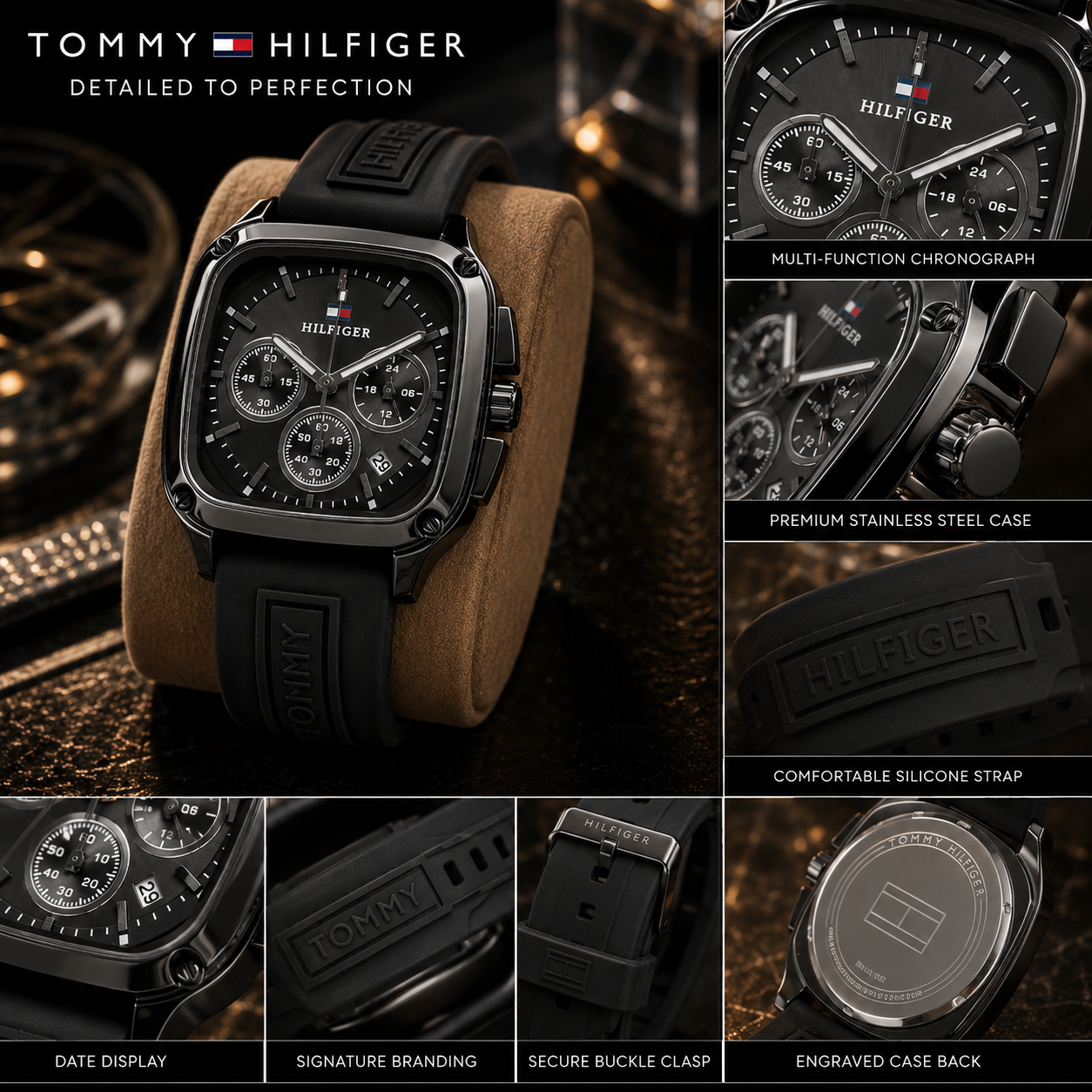 Tom_my Hilfi_ger Men’s Black Chronograph Watch – Square Dial & Premium Silicone Strap