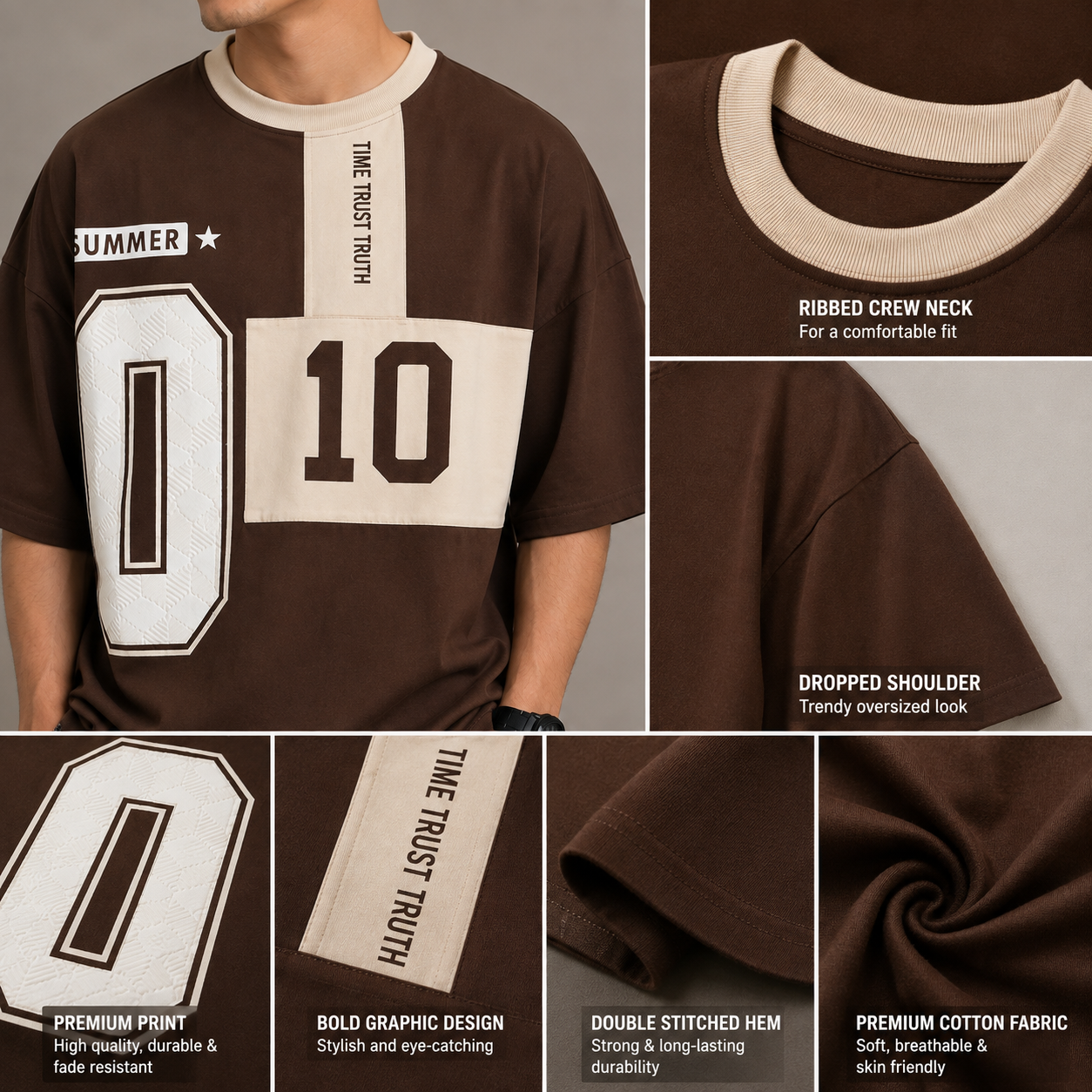 Adi_das Men's Oversized Brown Graphic Printed T-Shirt | Premium Cotton Drop Shoulder Streetwear Tee