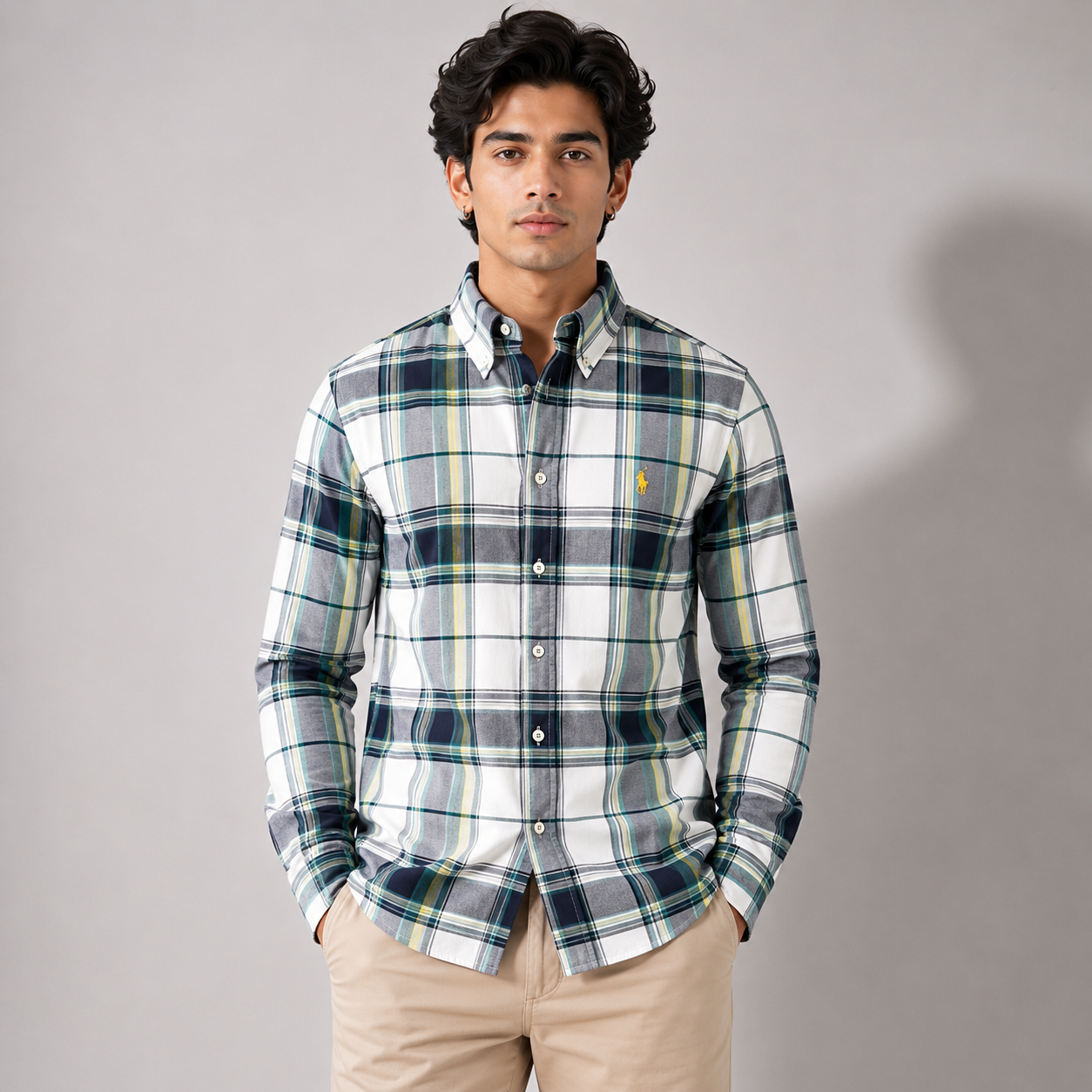 Po_lo Ral_ph La_uren Men's White, Navy & Green Plaid Shirt | Custom Fit Full Sleeve Shirt