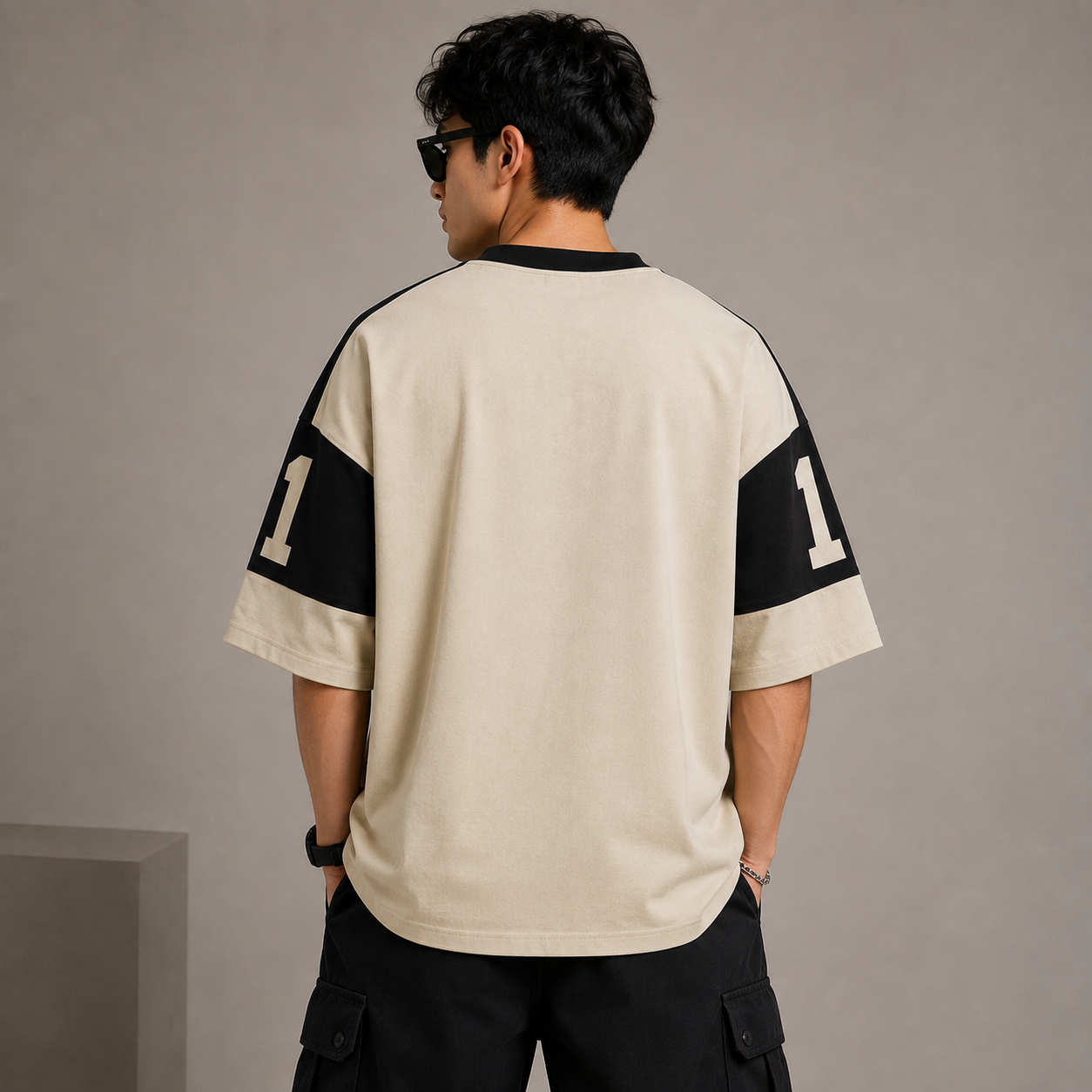 Adi_das Men's Oversized Beige Graphic Printed T-Shirt | Premium Cotton Drop Shoulder Casual Streetwear Tee