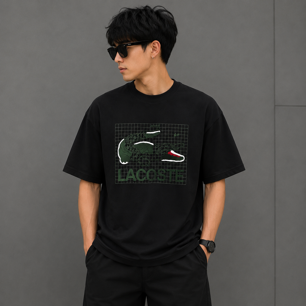 Lac_oste Men’s Black Graphic T-Shirt | Premium Crocodile Design Oversized Crew Neck Tee