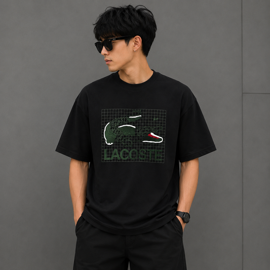 Lac_oste Men’s Black Graphic T-Shirt | Premium Crocodile Design Oversized Crew Neck Tee