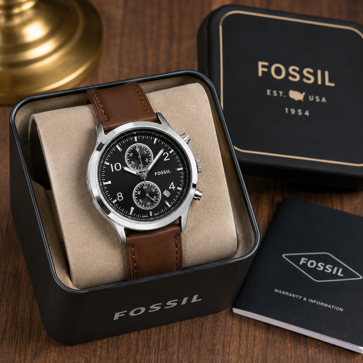 Fos_sil Black Dial Chronograph Brown Leather Strap Watch