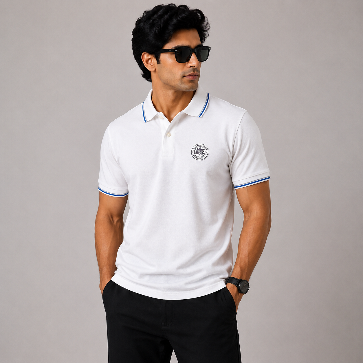 Men’s White Premium Polo T-Shirt with Blue Contrast Tipping & Embroidered Chest Logo