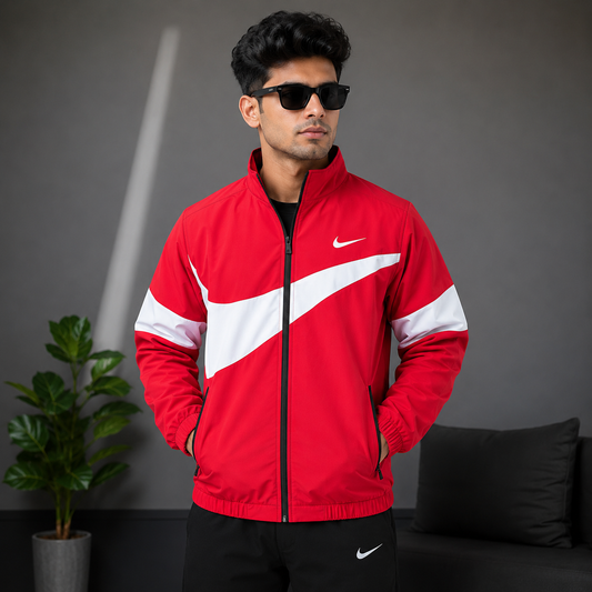 Ni_ke Men's Red Color Block Sports Jacket | Lightweight Full Zip Windbreaker