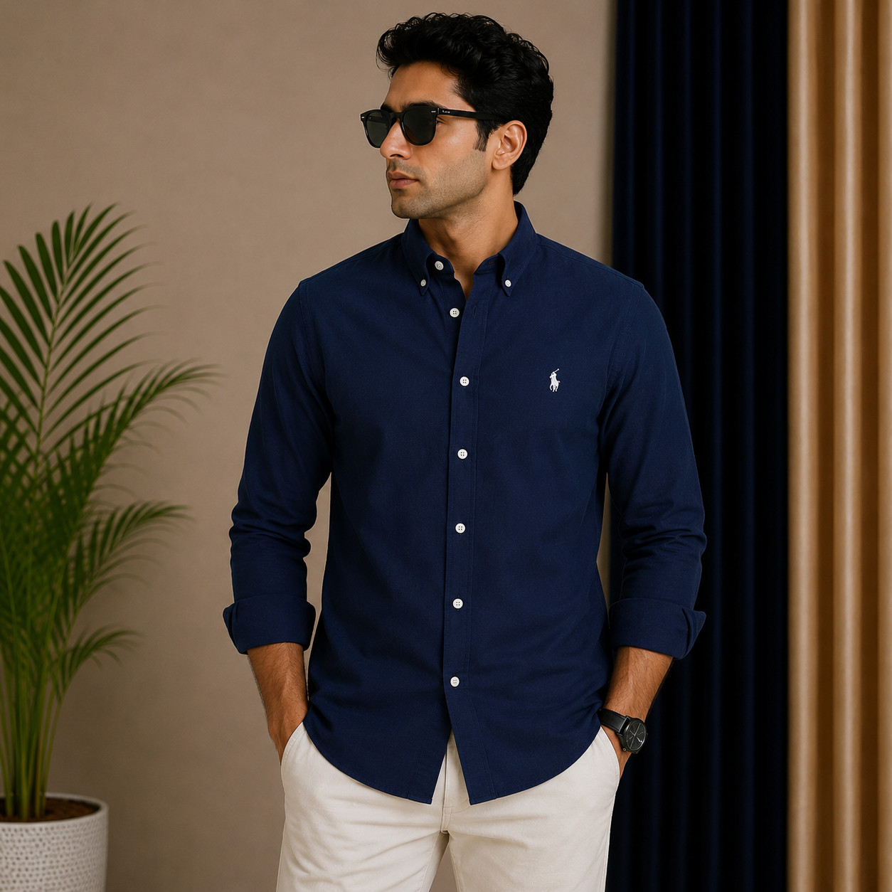 Po_lo RAL_PH LAU_REN Men’s Premium Navy Blue Oxford Shirt – Embroidered Button-Down Full Sleeve Shirt