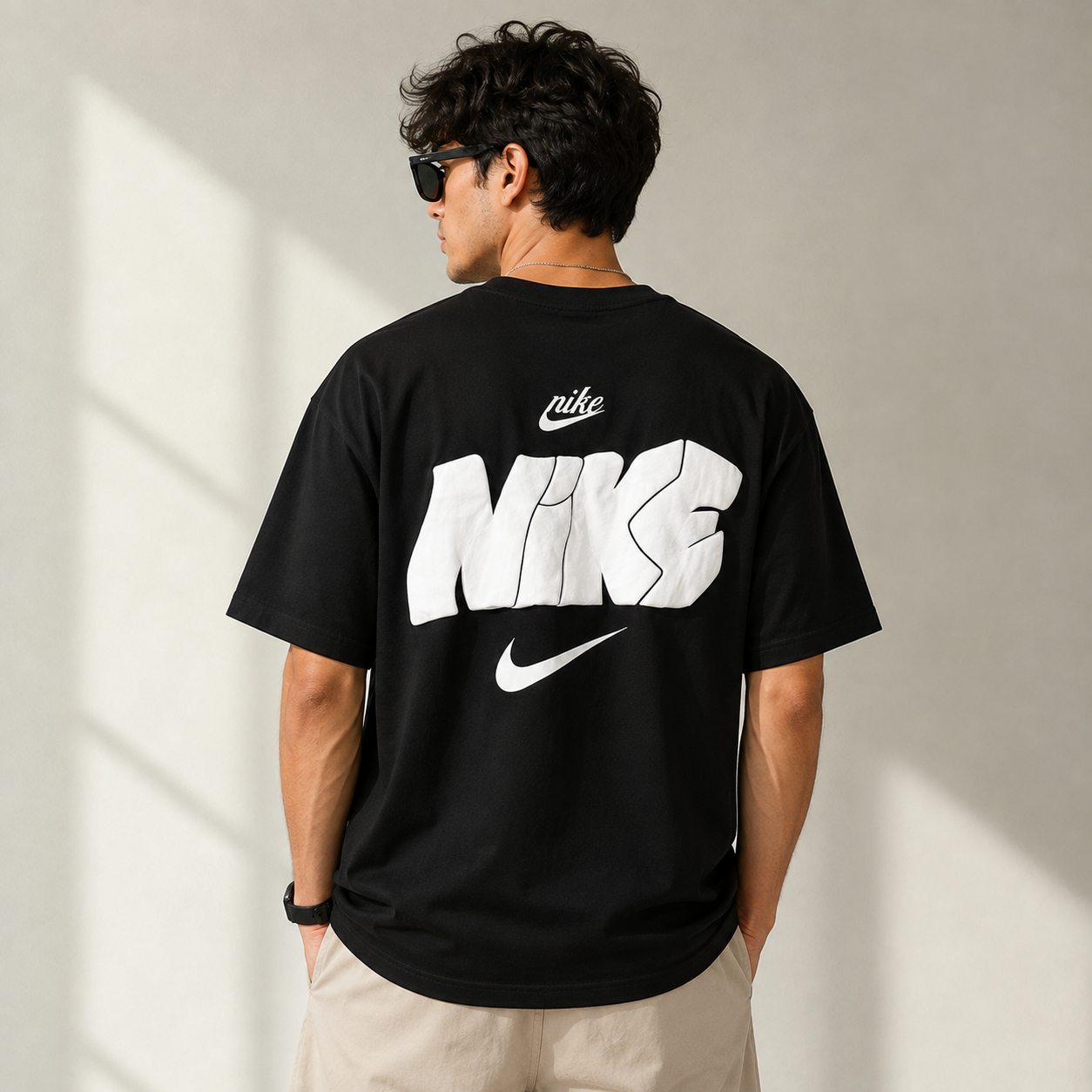 Ni_ke Men’s Black Oversized Graphic T-Shirt – Swoosh Print Casual Streetwear Tee