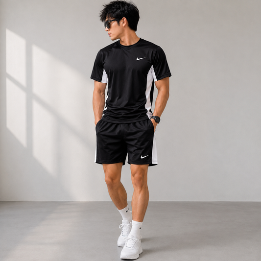 Ni_ke Men’s Black & White Sports T-Shirt & Shorts Co-ord Set | Athletic Gym & Running Set