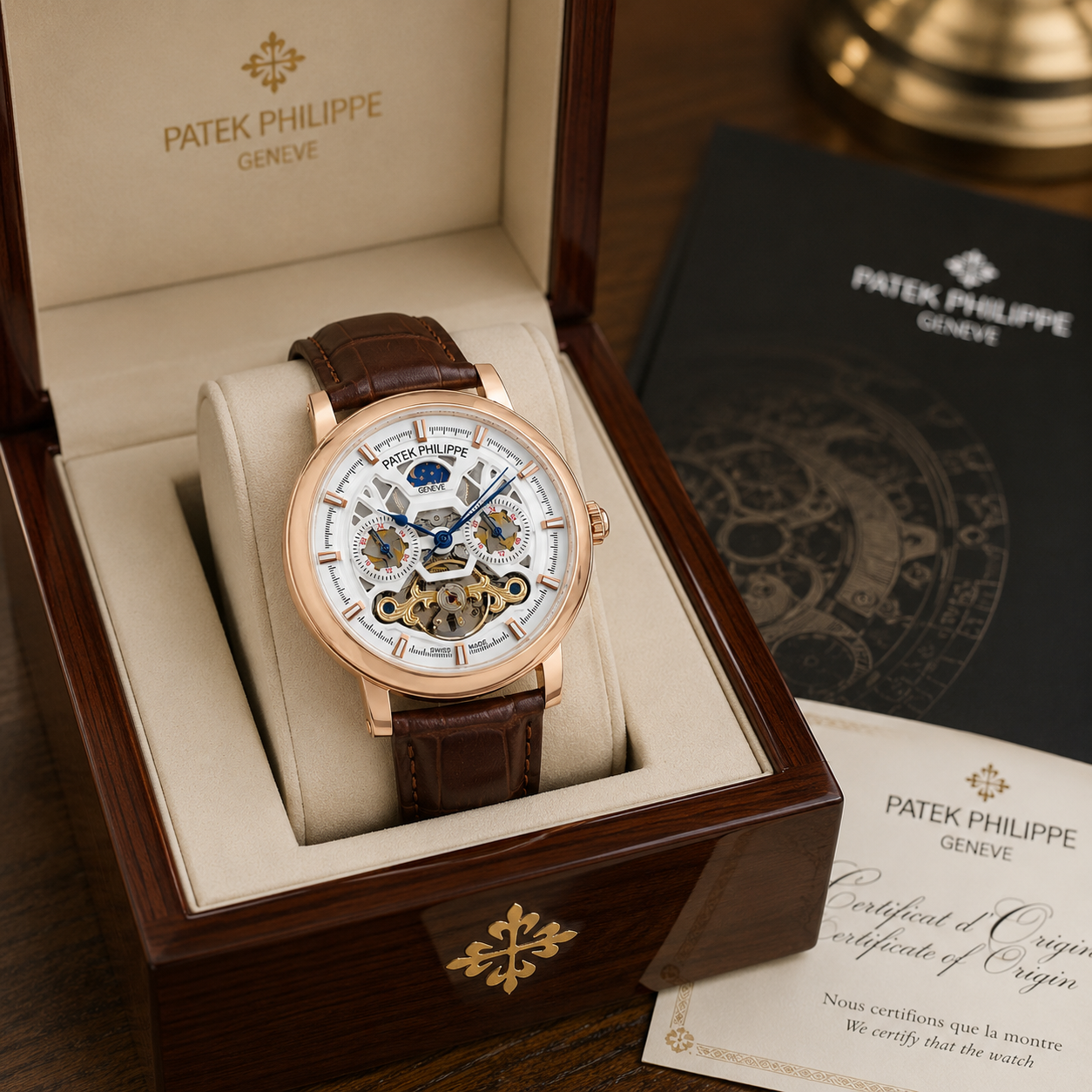Pa_tek Phil_ippe Automatic Skeleton Men’s Watch – Rose Gold Case, White Open-Work Dial & Brown Leather Strap