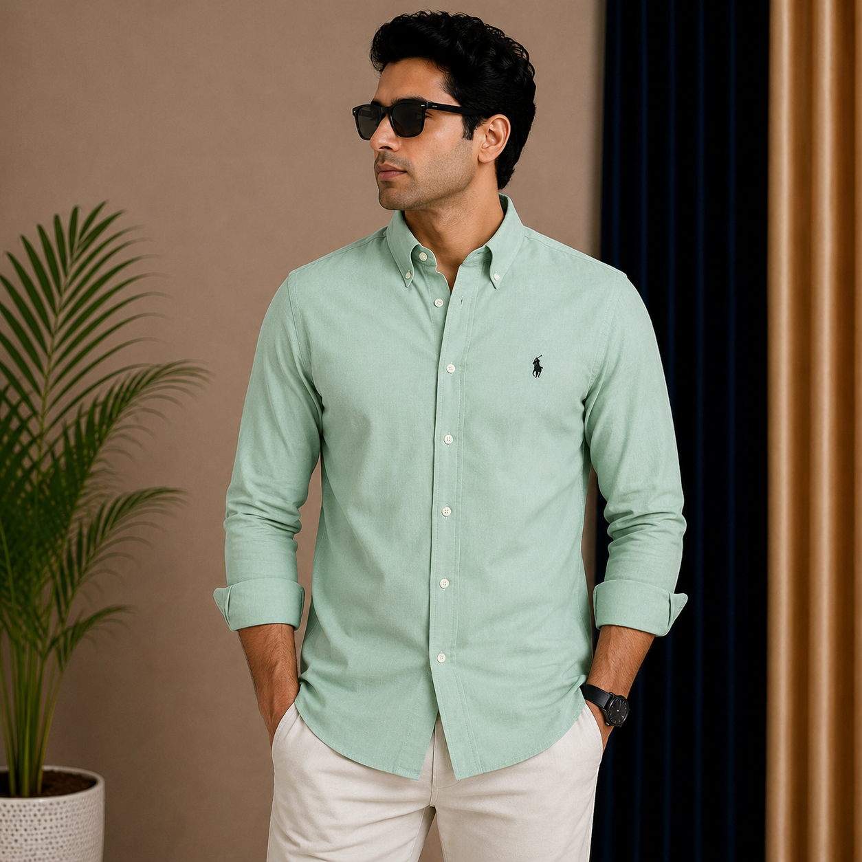 Po_lo RAL_PH LAU_REN Men’s Premium Mint Green Oxford Shirt – Embroidered Button-Down Full Sleeve Shirt