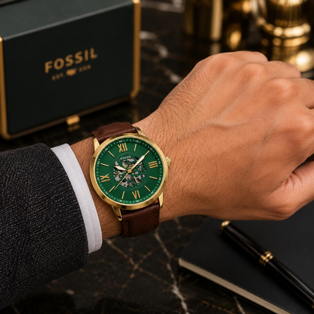 Fo_ssil Automatic Skeleton Men’s Watch – Green Dial, Gold-Tone Case & Brown Leather Strap