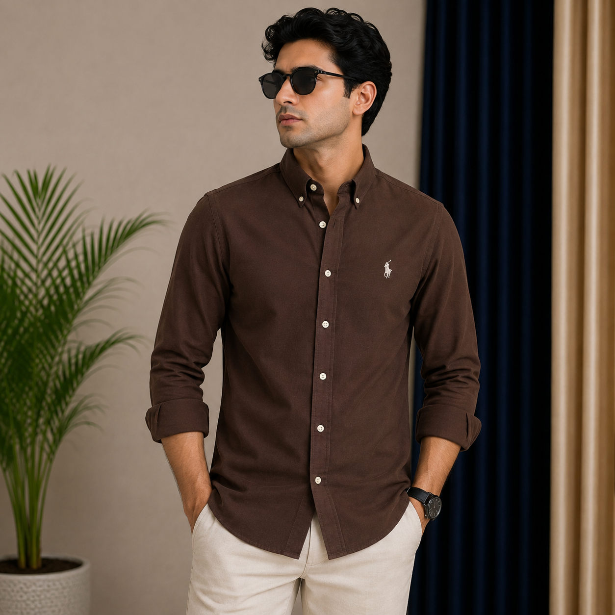 Po_lo RAL_PH LAU_REN Men’s Premium Chocolate Brown Oxford Shirt – Embroidered Button-Down Full Sleeve Shirt