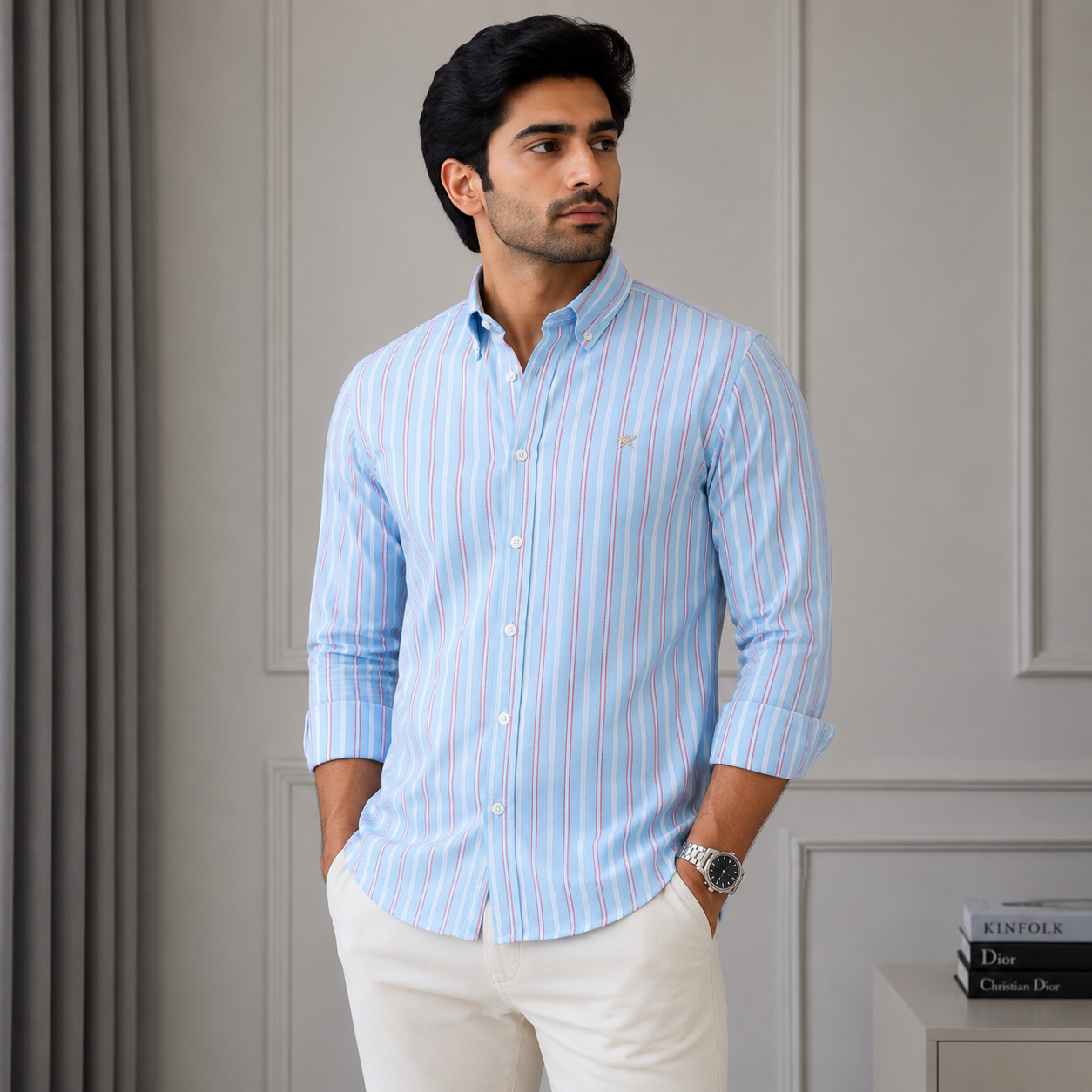 Hac_kett Lon_don Men’s Blue Striped Classic Fit Button-Down Shirt – Premium Casual Wear