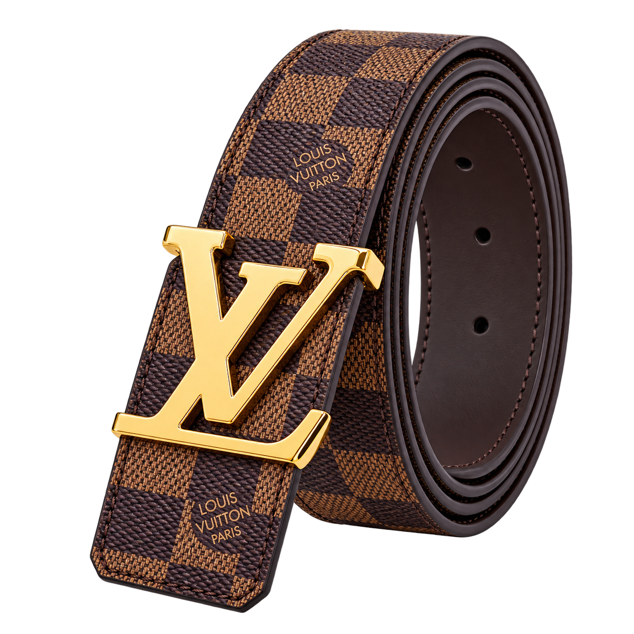 Lo_uis Vuit_ton Damier Ebene Brown Belt with Gold L_V Buckle – Luxury Men’s Designer Belt