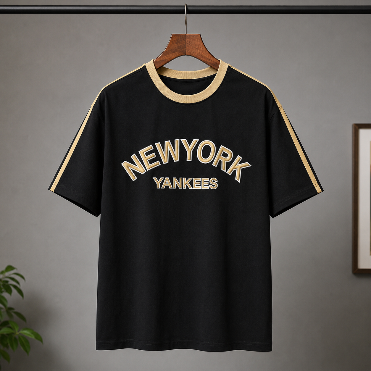 Ne_w Yo_rk Yan_kees Inspired Men's Premium Black Oversized Cotton T-Shirt with Contrast Stripe